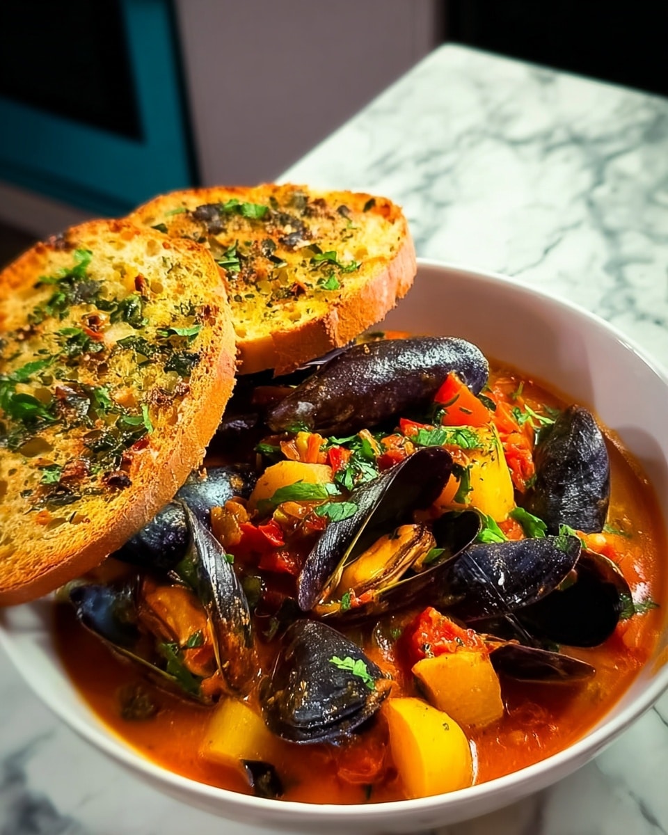 The image shows a white bowl filled with a rich, reddish-orange stew. The stew has several dark blue-black mussel shells scattered on top, layered over bright orange carrot chunks and some light yellow potato pieces. Fresh green herbs are sprinkled over the dish, adding a hint of color contrast. Resting on the side of the bowl is a round, golden-brown garlic bread with visible bits of green herbs and red pepper flakes on its surface. The bowl sits on a white marbled surface, and the background is softly blurred with hints of red and black. Photo taken with an iphone --ar 4:5 --v 7