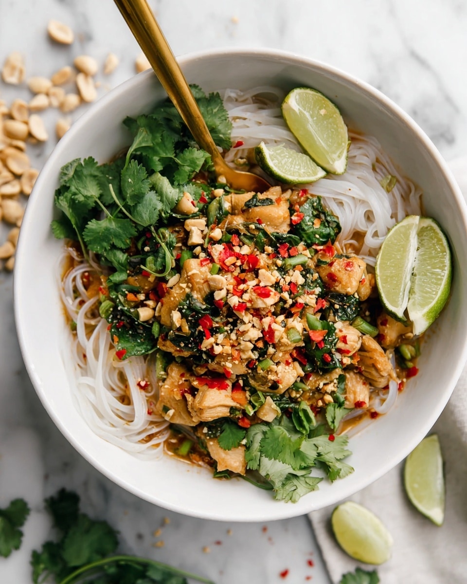 A white bowl filled with three main layers: at the bottom, soft white rice noodles; in the middle, cooked pieces of light brown chicken mixed with small red bell pepper pieces and green leafy herbs; the top layer is garnished with bright green chopped scallions, fresh cilantro leaves, crushed peanuts, red pepper flakes, and thin lime wedges placed near the edge. A golden spoon rests inside the bowl on the left side. The background is a white marbled surface with scattered chopped peanuts and lime wedges photo taken with an iphone --ar 4:5 --v 7