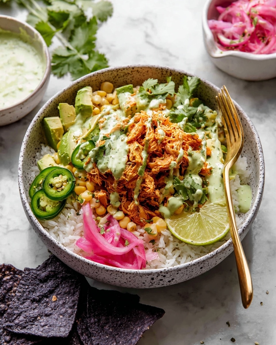 A white speckled bowl filled with four main layers: a base of white rice, topped with diced light green avocado on one side; next to it, thinly sliced bright green jalapeno peppers; in the center, a heap of shredded reddish-brown chicken mixed with yellow corn kernels, drizzled with a pale green creamy sauce; and on the top right, thin slices of pink and white pickled onions. Two pale yellow lime wedges rest on the left side near the avocado, and fresh green cilantro leaves are scattered on top. A gold spoon is placed inside the bowl on the right side. The bowl sits on a white marbled surface with some dark purple chips partially visible at the bottom left. Photo taken with an iphone --ar 4:5 --v 7