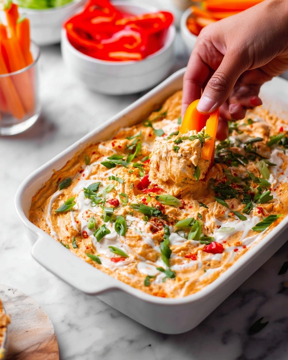 A white rectangular baking dish filled with a creamy, mixed orange and white dip that has red pepper pieces and is topped with chopped green onions scattered unevenly. The dip shows a rich, slightly chunky texture with some swirls of white sauce on top. A woman's hand is holding a yellow bell pepper slice scooping the dip, showing its thick consistency. In the background, there is a glass with orange carrot sticks and white bowls containing red pepper slices on a white marbled surface. Photo taken with an iphone --ar 4:5 --v 7