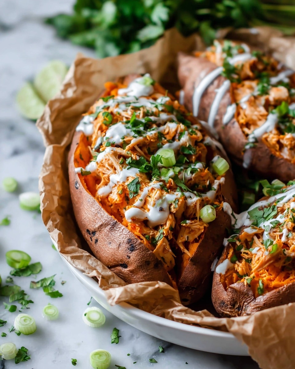 The image shows a white bowl lined with crumpled brown paper, holding two sweet potatoes sliced open lengthwise, each filled with a mixture of shredded orange-colored chicken and topped with a white creamy drizzle in thin stripes. The potatoes have a warm brown skin with the orange flesh visible inside. Fresh green herbs and chopped green onions are scattered on top, adding contrast in color and texture. The background is a white marbled surface with some blurred fresh herbs nearby. The image is bright, with a sharp focus on the close-up details of the food, showing the textures and colors vividly. Photo taken with an iphone --ar 4:5 --v 7