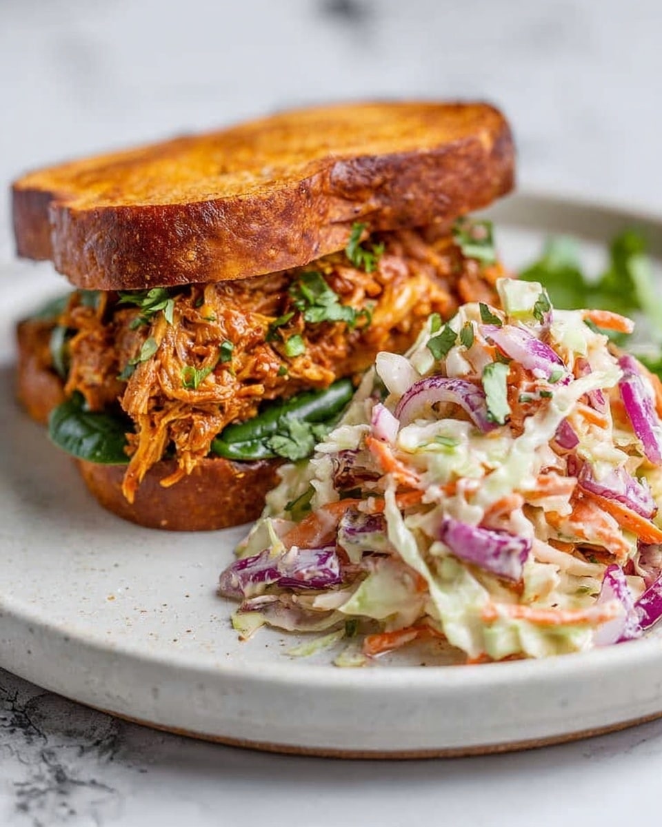 The image shows a sandwich and a side of coleslaw on a white plate with a white marbled background. The sandwich has two layers of thick, toasted bread slices that are orange-brown in color. The bottom slice holds a layer of green leafy vegetables, followed by a thick, messy pile of shredded orange-brown meat mixed with chopped red onions and cilantro. The top slice of bread is placed slightly tilted on the filling. Next to the sandwich is a heap of coleslaw made of shredded white cabbage, orange carrot strips, and some purple cabbage pieces, all mixed together with a creamy dressing. The dish looks fresh and colorful. Photo taken with an iphone --ar 4:5 --v 7