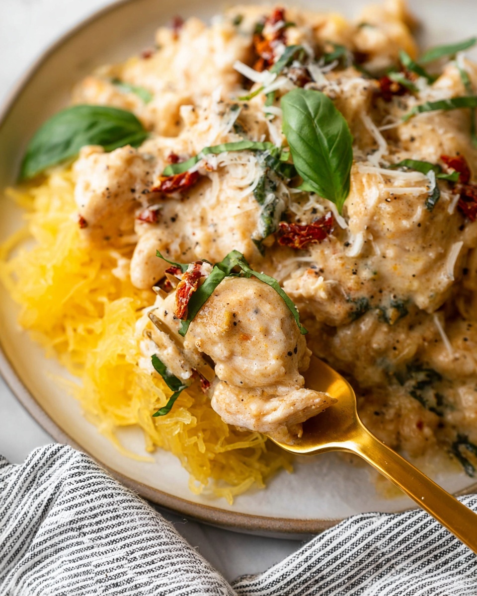 The image shows a creamy chicken dish served on a white plate with a white marbled surface underneath. The dish has two main layers: the bottom layer is shredded yellow spaghetti squash, and the top layer is pieces of cooked chicken covered in a thick creamy sauce with small bits of red sun-dried tomatoes and black pepper. Fresh green basil leaves are scattered over the top, along with some shredded white cheese. A gold fork is holding a piece of chicken in the foreground, and a striped fabric napkin is partially visible at the bottom. photo taken with an iphone --ar 4:5 --v 7