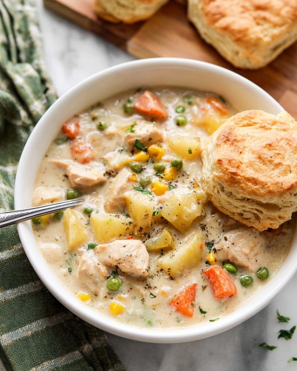 A white bowl filled with creamy chicken and vegetable stew shows small chunks of light brown chicken, yellow potatoes, orange carrots, yellow corn, green peas, and celery mixed in a thick white sauce with black pepper specks and green herb bits. On the right edge, a split biscuit with a golden, flaky crust and soft, layered inside rests partially on the stew. A silver spoon stands inside the bowl on the left side. The bowl sits on a white marbled surface with a blurred green checkered cloth nearby and some biscuits on a wooden board in the background. Photo taken with an iphone --ar 4:5 --v 7