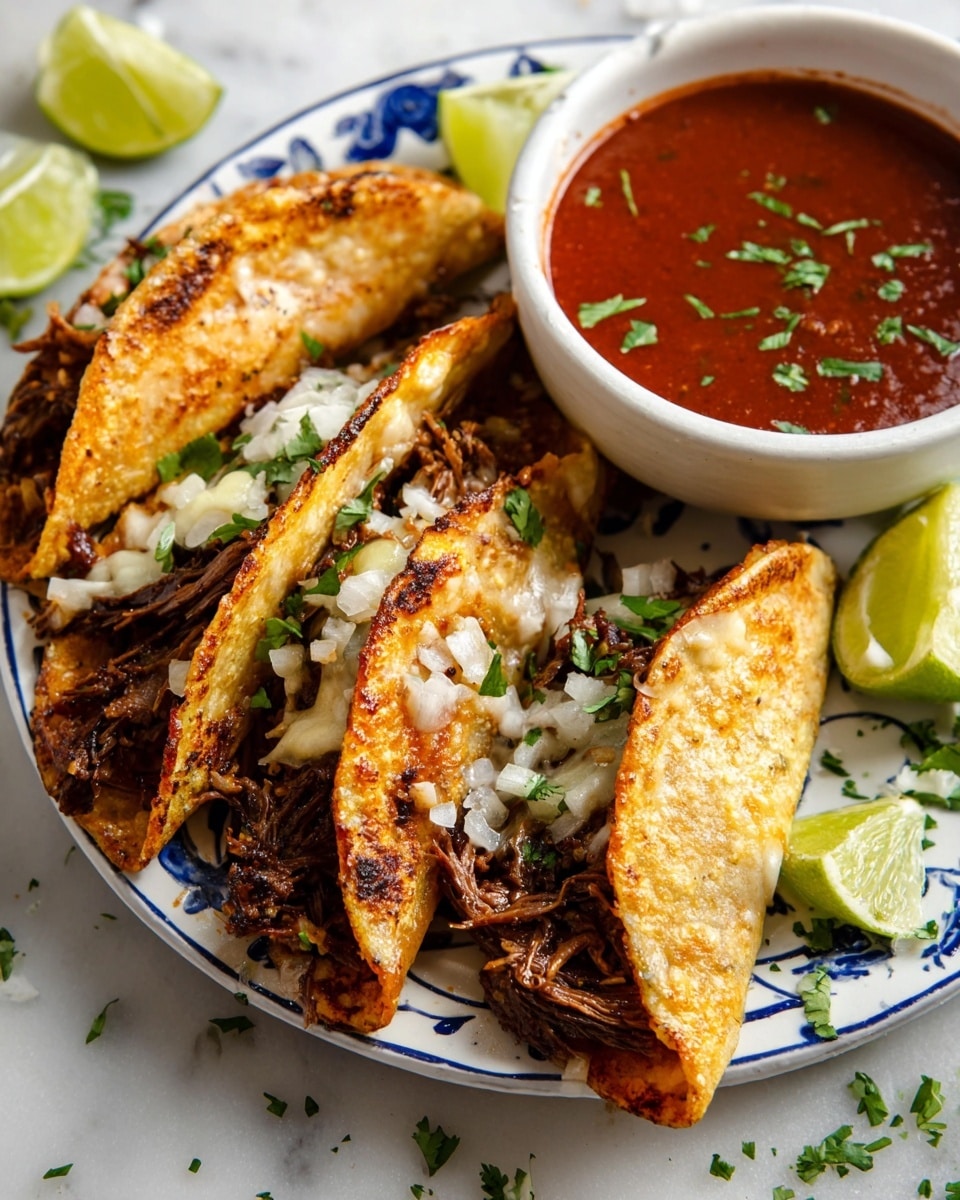 The image shows three crispy, golden-brown tacos folded and filled with dark, shredded meat and melted white cheese. Small white onion pieces and green cilantro leaves are sprinkled on top of the tacos. The tacos are placed on a white plate with blue patterns, with lime wedges on the side. Next to the tacos, there's a white bowl filled with rich red sauce, garnished with small green cilantro leaves. The scene is set on a white marbled surface with some scattered cilantro pieces around. photo taken with an iphone --ar 4:5 --v 7