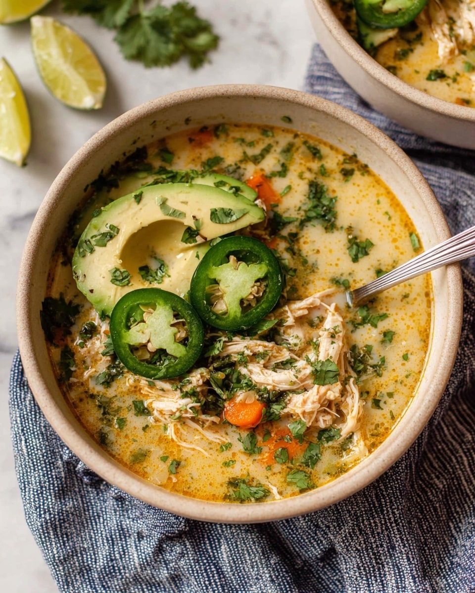 A bowl of creamy yellow soup filled with shredded light brown chicken and small orange carrot pieces, topped with three bright green slices of jalapeño, a half avocado slice with smooth light green flesh, and sprinkled with fresh dark green chopped cilantro. The soup has a slightly oily surface with visible herbs inside. A spoon with a shiny silver handle rests inside the bowl. The bowl is beige and sits on a folded blue and white striped cloth, placed on a white marbled surface. Nearby, half a squeezed lime and another bowl with similar soup are partially visible. Photo taken with an iphone --ar 4:5 --v 7