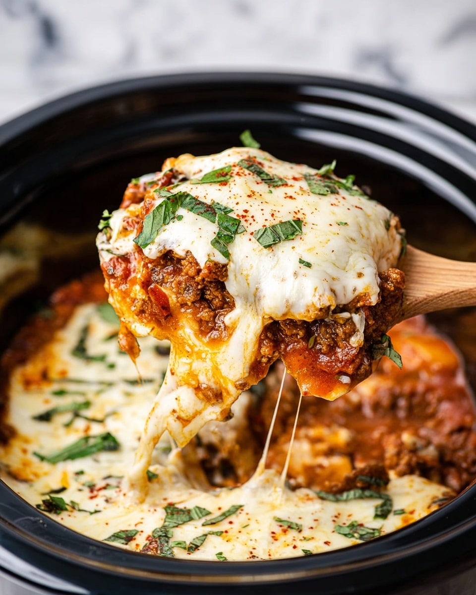 A close-up shot of a layered dish inside a black slow cooker, showing a large scoop being lifted with a wooden spoon. The dish has three main layers: the bottom layer is a reddish-brown sauce with visible small chunks, the middle layer is browned minced meat mixed with bits of tomato, and the top layer is a thick, melted white cheese covered with green herb leaves and sprinkled with red seasoning flakes. The melted cheese looks creamy and strings slightly as it lifts from the dish. The background surface is a white marbled texture. Photo taken with an iphone --ar 4:5 --v 7