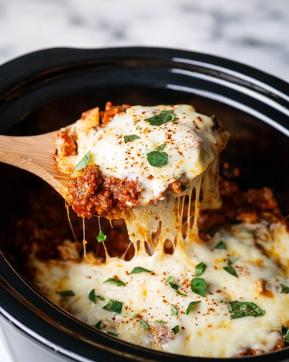 The image shows a close-up of a black slow cooker filled with layered hot dish. The bottom layer is a rich reddish-brown mixture with small chunks, topped with a thick layer of melted white cheese that is smooth and slightly bubbly. On top of the cheese are small green herb leaves scattered around, with some reddish seasoning sprinkled finely. A wooden spoon lifts a portion from the cooker, showing the layers clearly and pulling thin, stretchy strands of cheese. The background surface is white marbled texture. photo taken with an iphone --ar 4:5 --v 7