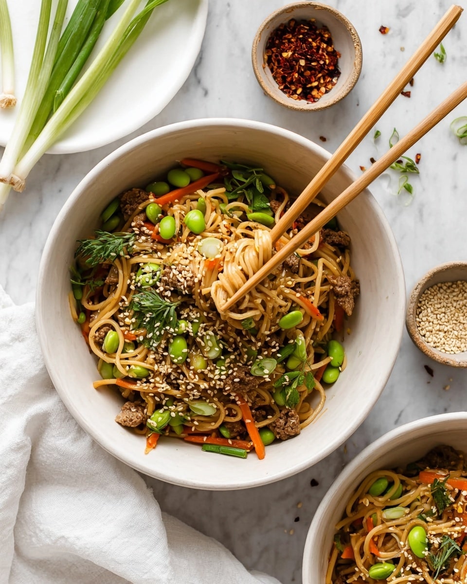 The image shows a white bowl filled with noodles mixed with small pieces of cooked meat, thin orange carrot strips, bright green edamame beans, and fresh green onion slices on top. There are also sesame seeds sprinkled across the dish and a few small green herb leaves for garnish. Two wooden chopsticks lift some noodles from the bowl. In the background, more sliced green onions sit on a white plate, and there are small bowls with sesame seeds and red chili flakes nearby. The setting is on a white marbled surface with a white cloth partially visible. Photo taken with an iphone --ar 4:5 --v 7