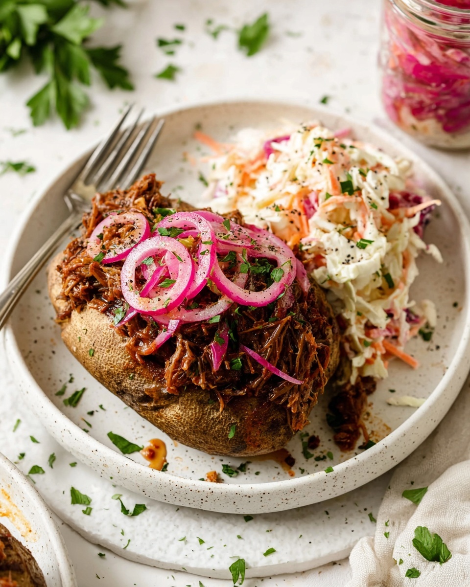Slow Cooker BBQ Beef Recipe 6 A baked potato with a rough brown skin sits on a white plate with a dark rim, topped with a first layer of fluffy, white mashed potato inside the skin, then a thick layer of dark brown pulled meat, and finally a generous heap of creamy coleslaw made of white cabbage, orange carrot strips, and bits of purple cabbage, sprinkled with black pepper. A silver fork is placed on the right side of the plate, and the background surface is a white marbled texture with a blurry jar of pink pickled vegetables in the back. Photo taken with an iphone --ar 4:5 --v 7