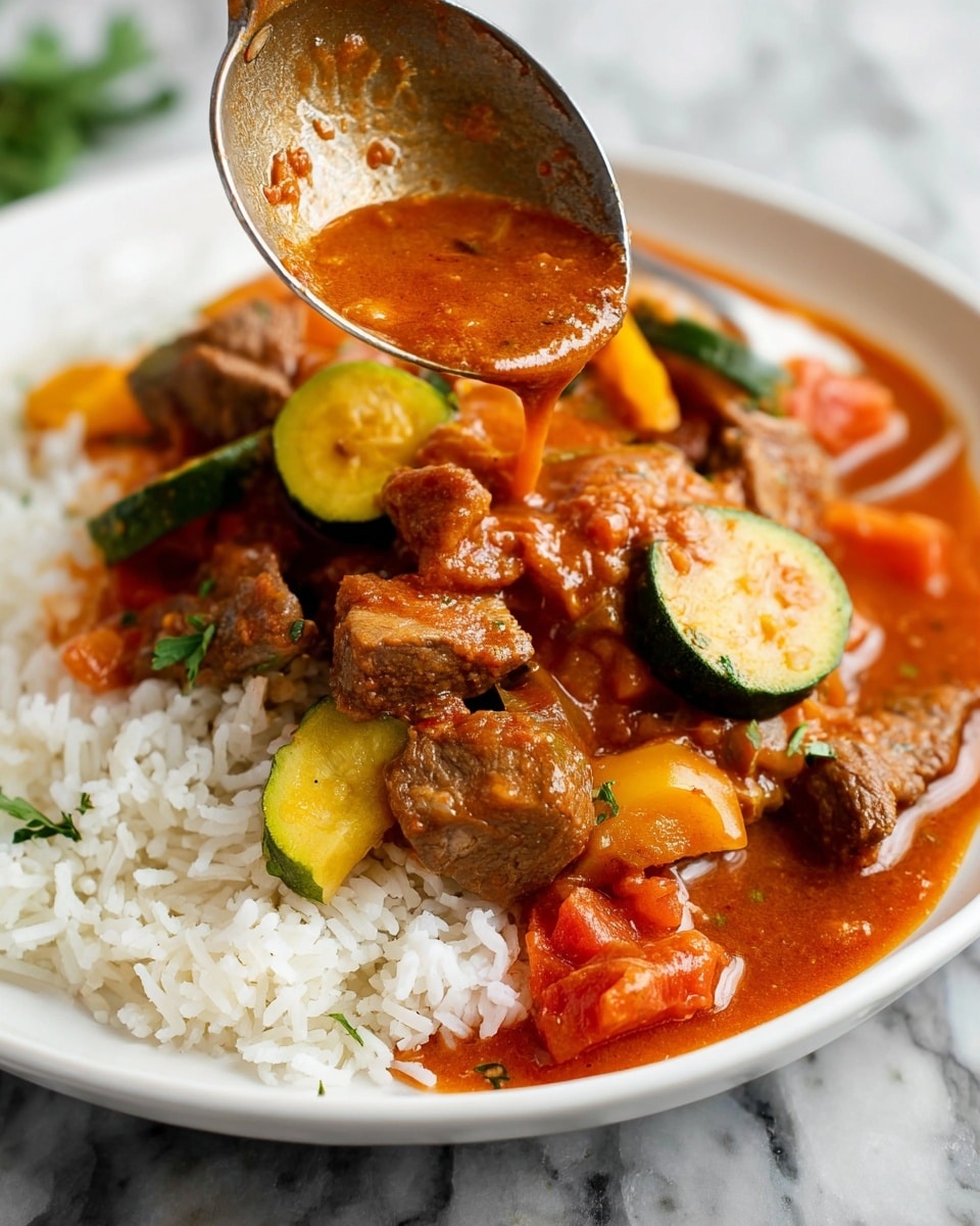 Instant Pot Lamb Curry Recipe 5 A white plate filled with a base layer of white rice, topped with a stew being poured from a ladle. The stew has chunks of brown meat, slices of green zucchini, yellow squash, and pieces of orange carrot mixed in a thick red-orange sauce with visible bits of tomato. The plate rests on a white marbled surface with a spoon placed on the edge of the plate and some green herbs slightly blurred in the background. photo taken with an iphone --ar 4:5 --v 7