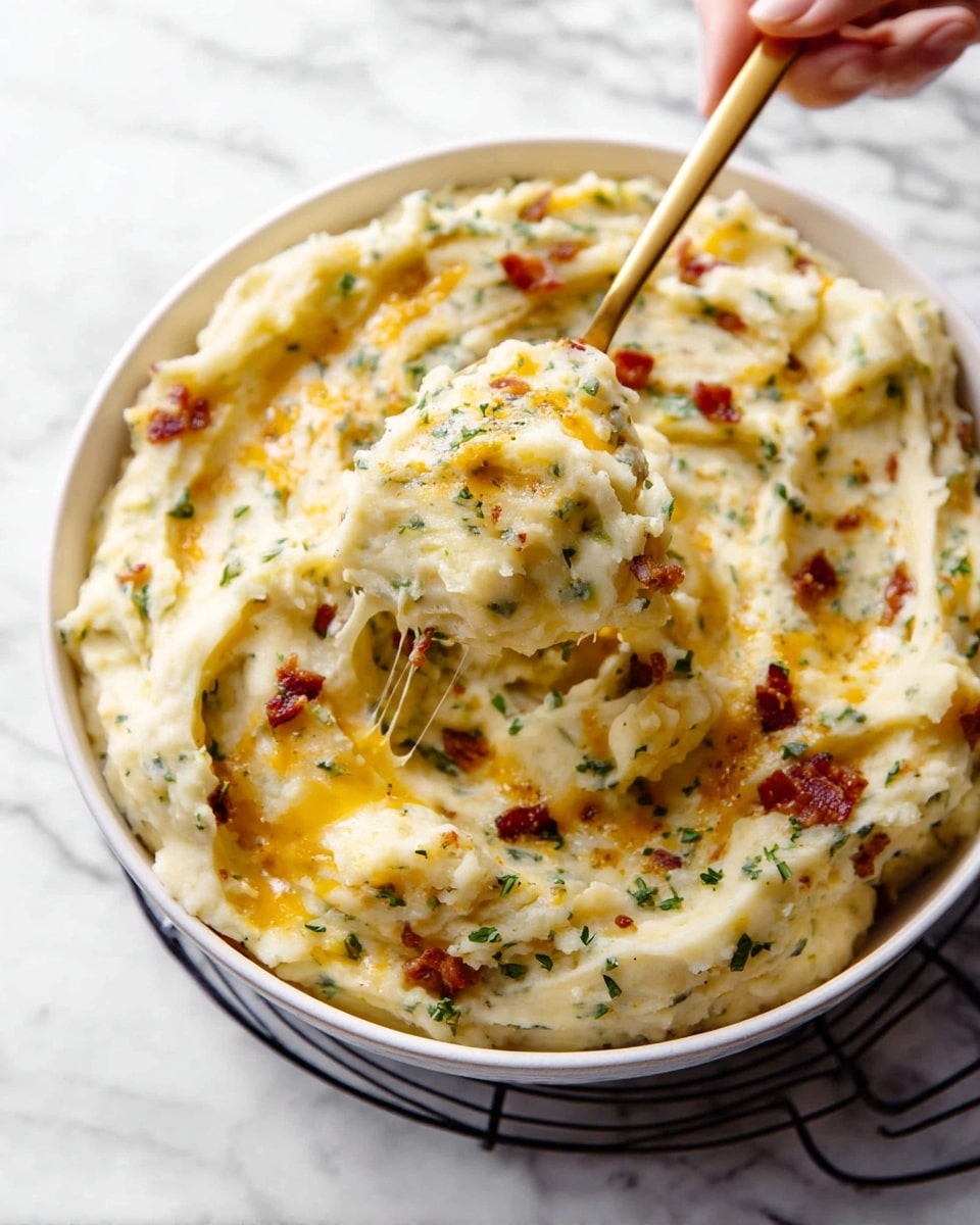 Slow Cooker Loaded Mashed Potatoes with Ranch Recipe 5 A close-up of creamy mashed potatoes served in a white bowl sitting on a black cooling rack on a white marbled surface. The mashed potatoes are mixed with green herbs and melted yellow cheddar cheese throughout, creating soft, textured swirls with some peaks and valleys. There are small pieces of crispy bacon scattered on top, adding red and brown spots. A woman's hand holding a gold spoon is lifting a scoop of the cheesy, herbed mashed potatoes, showing thick, creamy layers with melted cheese dripping slightly. The overall look is warm and comforting. photo taken with an iphone --ar 4:5 --v 7