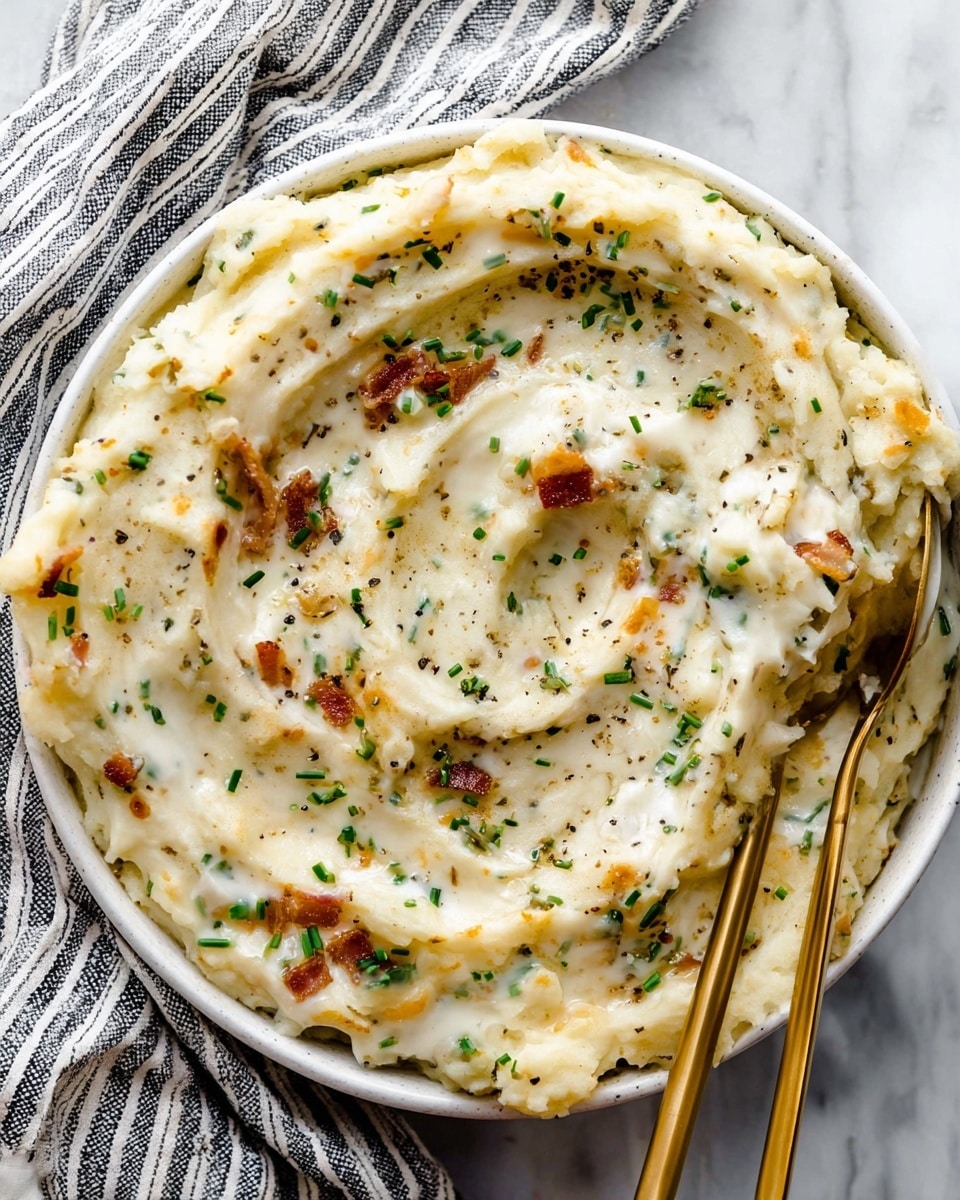 Slow Cooker Loaded Mashed Potatoes with Ranch Recipe 6 The image shows a white bowl filled with creamy mashed potatoes mixed with small green herbs and bits of golden cooked bacon. The top layer is swirled and has a smooth texture with small chive pieces scattered on it. There is a drizzle of white sauce with black pepper and herb specks covering parts of the mashed potatoes. Two gold spoons rest inside the bowl on the right side. The bowl is placed on a white marbled surface with a striped cloth partially visible next to it. photo taken with an iphone --ar 4:5 --v 7
