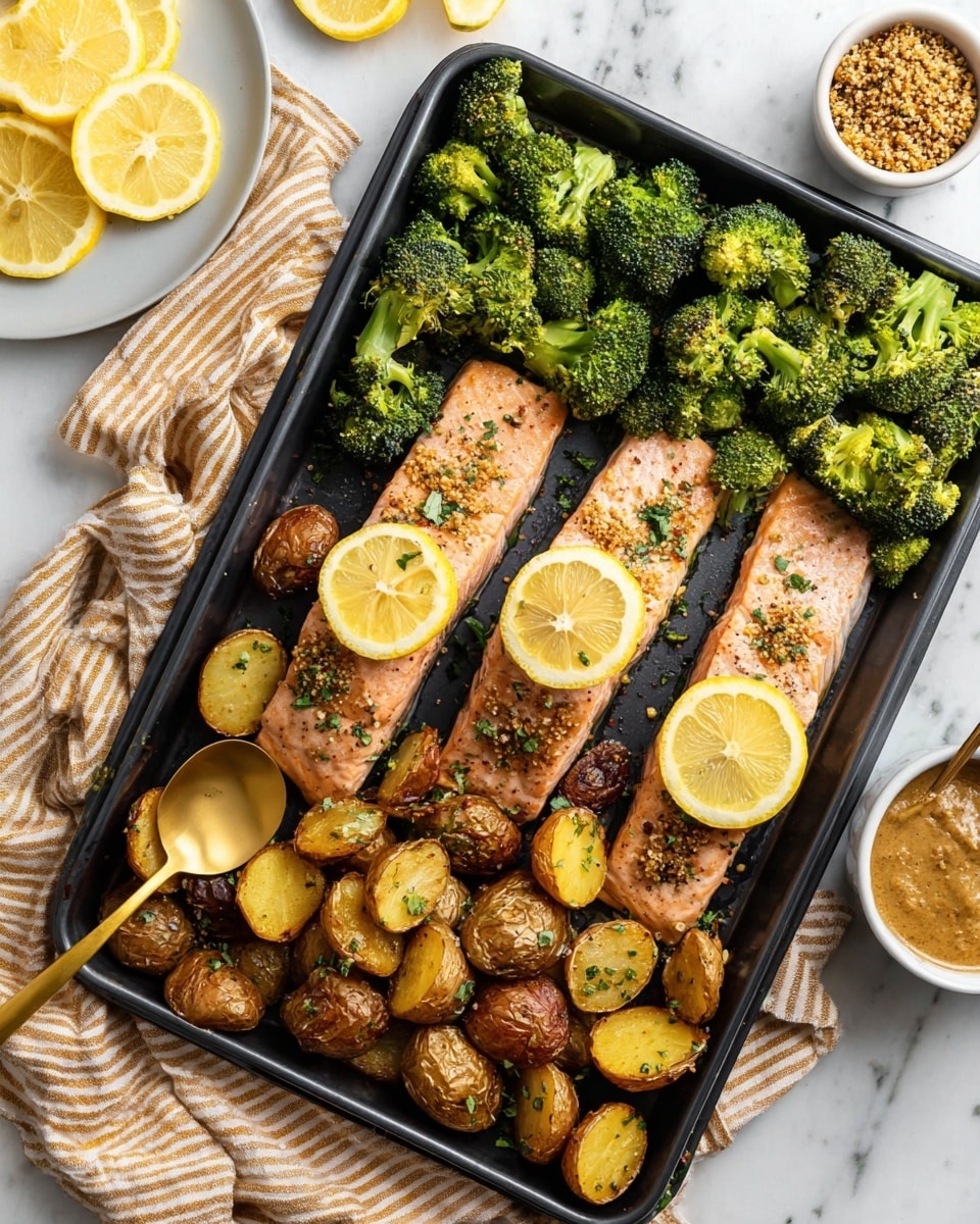 A black tray with three pieces of cooked pink salmon fillets lined up in the center, each topped with round lemon slices and sprinkled with mustard seeds and herbs. On the top side of the tray, there are many bright green broccoli florets arranged close together. At the bottom of the tray, there is a pile of golden roasted potatoes in halves and quarters, some with a crispy texture. A golden spoon rests on the bottom left corner of the tray. Around the tray, a white marbled surface is visible with a tan and white striped cloth under the tray, a small white bowl filled with grainy mustard and a spoon in the top right corner, and a white plate with lemon wedges in the upper left corner. photo taken with an iphone --ar 4:5 --v 7