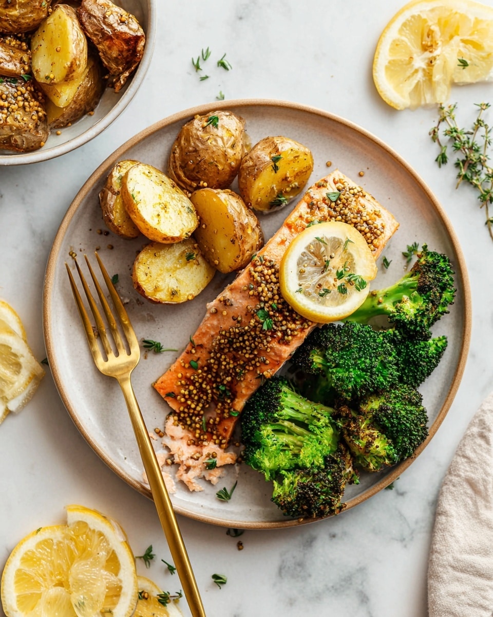 The dish shows a white round plate on a white marbled surface, with three main layers: a large piece of cooked salmon with a golden brown texture and visible mustard seeds, topped with a thin lemon slice and small green herb leaves, positioned on the left side; a pile of bright green steamed broccoli with textured florets placed near the center-top; and a cluster of roasted baby potatoes with a golden brown, slightly crispy skin, some halved showing a soft yellow inside, on the right side. A gold fork is touching the salmon near the front, causing some flakes to lift slightly. Photo taken with an iphone --ar 4:5 --v 7