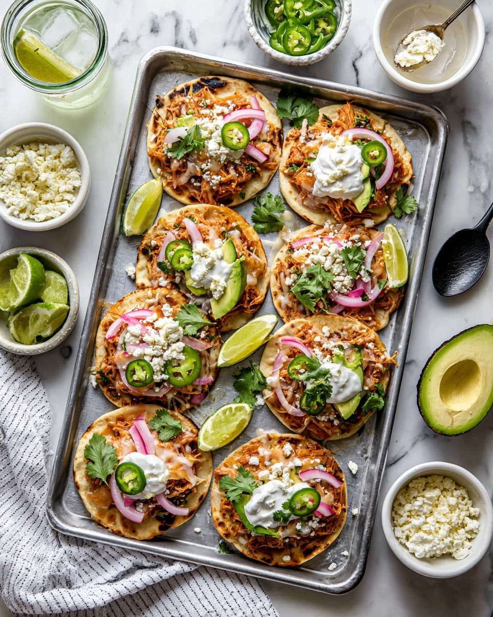 The image shows eight small tortillas each topped with shredded orange-brown cooked filling, melted light golden cheese, and various fresh toppings. Each tortilla has a base layer of soft white tortilla, followed by the shredded filling and melted cheese, then slices of green avocado on some, pickled pink onions on others, and green jalapeño slices on a few. Dollops of white sour cream and small crumbles of white cheese are added to many, with scattered fresh green cilantro leaves on top of all. The tortillas are arranged on a metal tray with lime wedges scattered around. Surrounding the tray are small white bowls holding lime wedges and jalapeño slices, a bowl of white crumbled cheese, a glass with lime and ice, half an avocado, a jar of pickled onions, and a small bowl of white sauce with a black spoon. All is set on a white marbled surface with a striped white cloth partly under the tray. Photo taken with an iphone --ar 4:5 --v 7