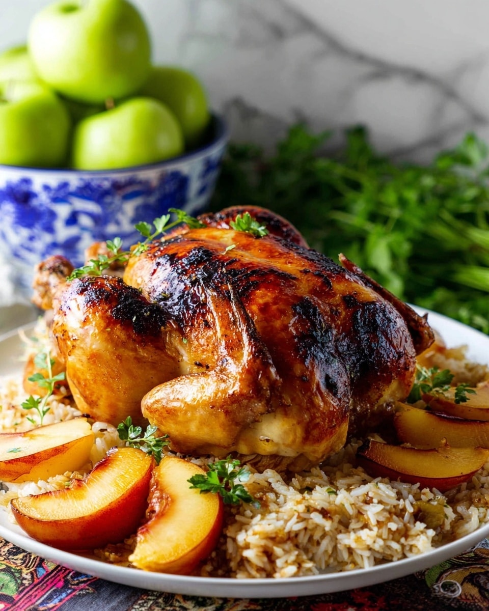 A roasted whole chicken with golden-brown skin, showing slightly darker charred spots scattered on the top and sides, garnished with small green herb leaves. The chicken rests on a thick layer of cooked rice mixed with black spices and herbs, creating a textured base. Surrounding the rice are slices of cooked yellow and red fruit, adding bright pops of color. A sprig of fresh thyme and some garlic cloves are placed near the chicken, adding more visual detail. The background is a white marbled surface. Photo taken with an iphone --ar 4:5 --v 7