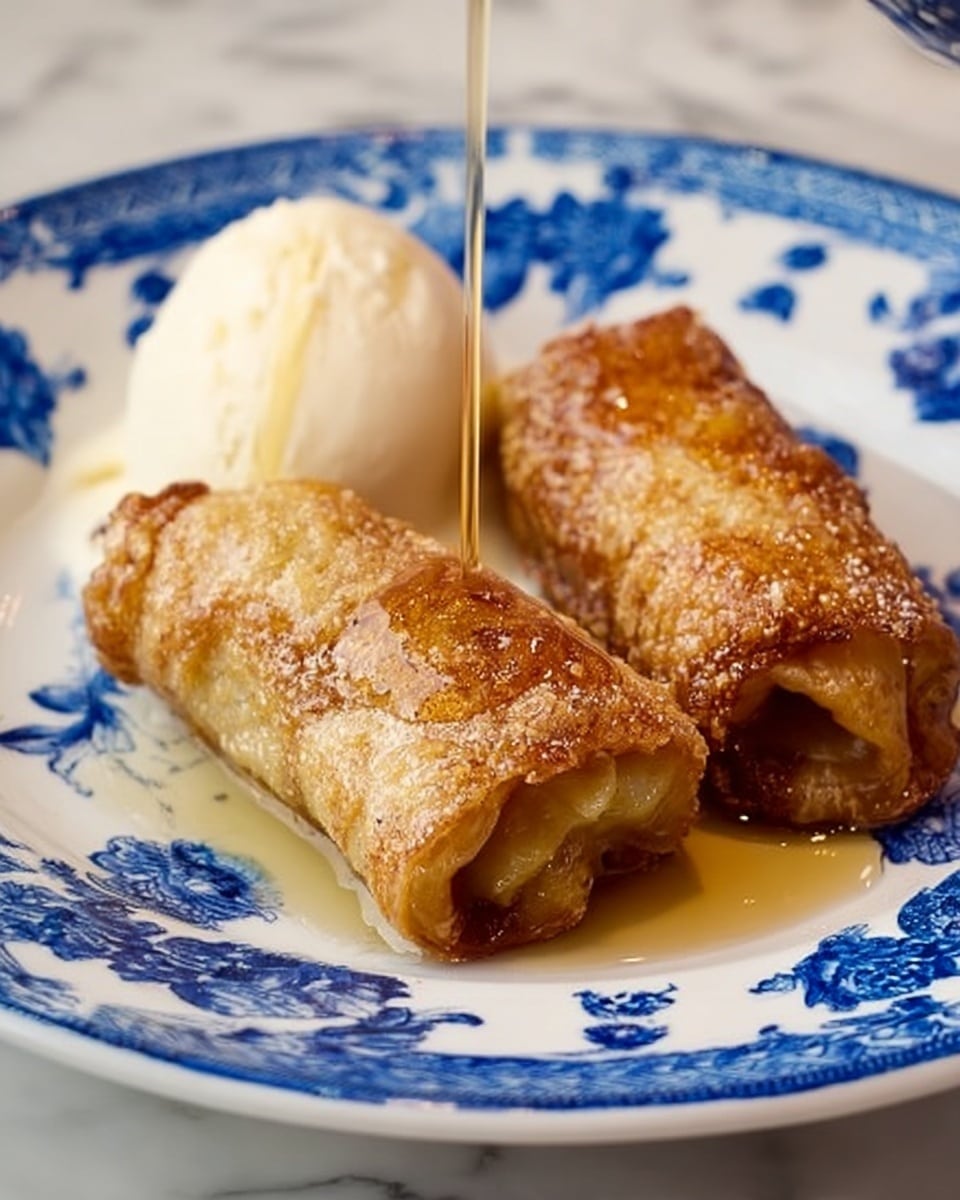 The image shows a close-up of two golden brown rolled pancakes with a slightly crispy texture on a white plate with blue flower patterns. The pancakes are placed side by side and have a warm, soft look inside. On the right side of the plate, there is a large scoop of creamy, white ice cream with a smooth surface. A woman's hand is pouring honey or syrup over the pancakes, creating a thin shiny layer that adds a glossy effect. The plate is set on a white marbled surface. photo taken with an iphone --ar 4:5 --v 7