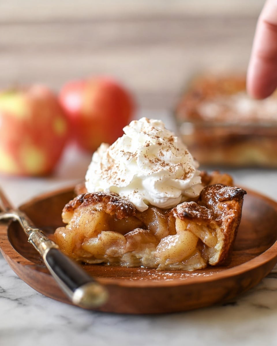 A wooden bowl holds a single serving of bread pudding, which has a golden brown crust with slightly darker, caramelized edges and a soft, light yellow inside. The bread pieces are chunky and uneven, showing the texture of baked layers. On top rests a large swirl of white whipped cream sprinkled with a touch of light brown spice. The bowl is placed on a white marbled surface, next to a silver fork with a black handle. In the background, there are blurred slices of red apple and an orange cloth. Photo taken with an iphone --ar 4:5 --v 7