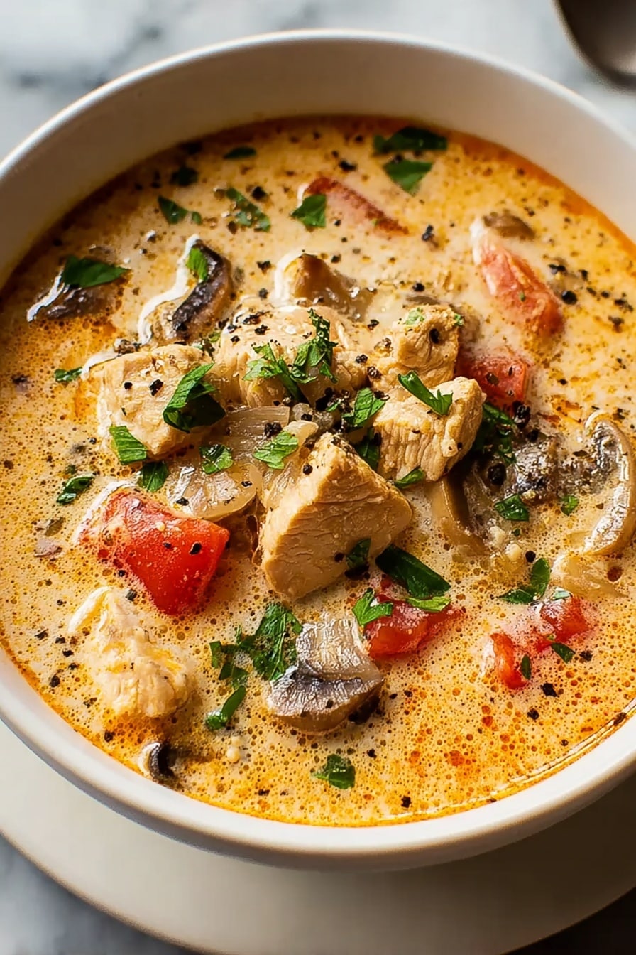 A white bowl filled with a creamy, light orange soup that has visible chunks of cooked chicken pieces that are pale with light char marks. Scattered within the soup are small diced orange carrot pieces and bits of mushrooms that are dark brown. The soup is garnished on top with fresh, bright green chopped herbs, and sprinkled with black pepper. The bowl sits on a white marbled surface. photo taken with an iphone --ar 4:5 --v 7