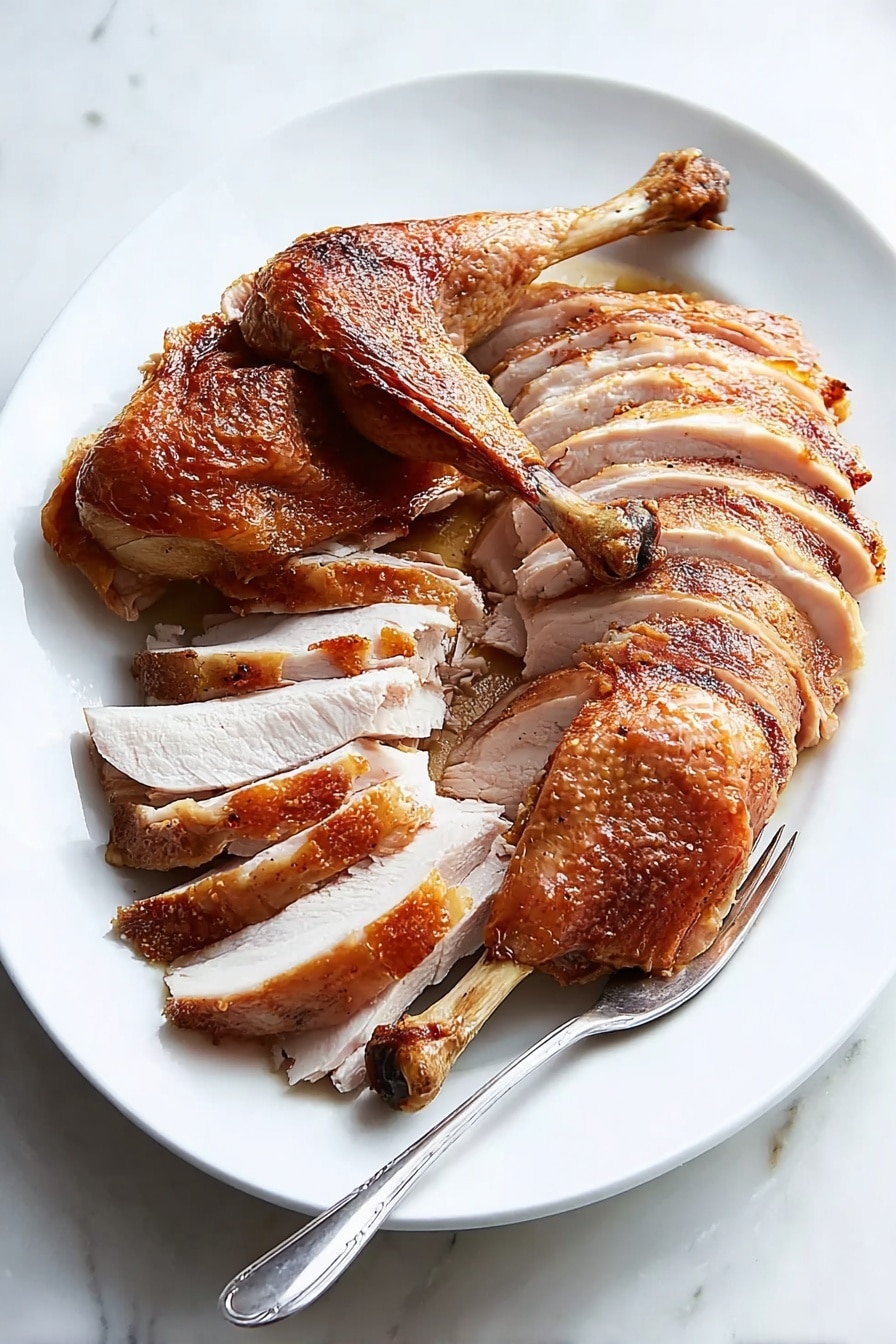 A white oval plate holds sliced cooked meat arranged in neat layers, showing a light brown cooked outer layer with juicy white inside. On top, there are two crispy, golden-brown drumsticks with visible skin texture. A silver fork rests on the edge of the plate. The background is a white marbled surface. photo taken with an iphone --ar 4:5 --v 7
