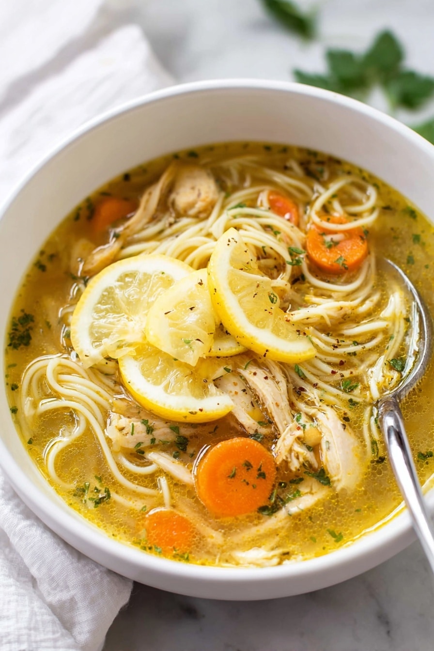 A white bowl filled with chicken noodle soup, showing three main layers: the top layer has sliced yellow potato pieces and orange round carrot slices; below them are light yellow cooked thin noodles, curling softly through the soup; the bottom layer has shredded light brown chicken meat mixed with green herbs and small bits of spices, all in a clear golden broth with a slightly oily surface. A silver spoon rests inside the bowl, partially submerged. The bowl is placed on a light gray surface with a soft white marbled texture in the background, bright and softly lit. Photo taken with an iphone --ar 4:5 --v 7