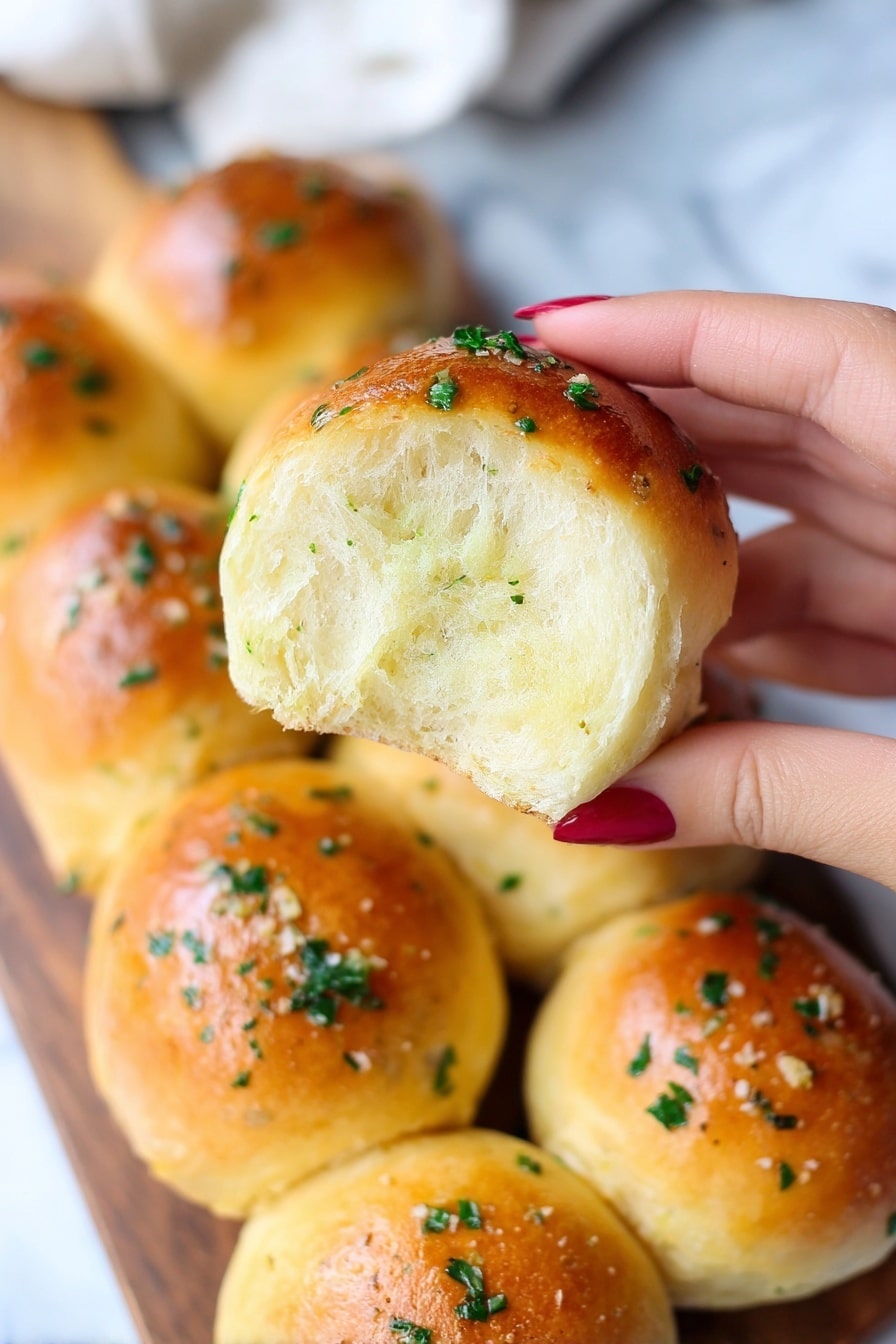 A close-up view of soft, golden brown dinner rolls with a shiny, slightly crispy top layer sprinkled with small green herbs. One roll is torn in two, showing the light, fluffy, and airy inside texture. In the background, many whole rolls are arranged closely on a wooden board, all with the same golden top and bits of green herbs. Two woman's hands with red-painted nails hold the torn roll over a white marbled surface. Photo taken with an iphone --ar 4:5 --v 7