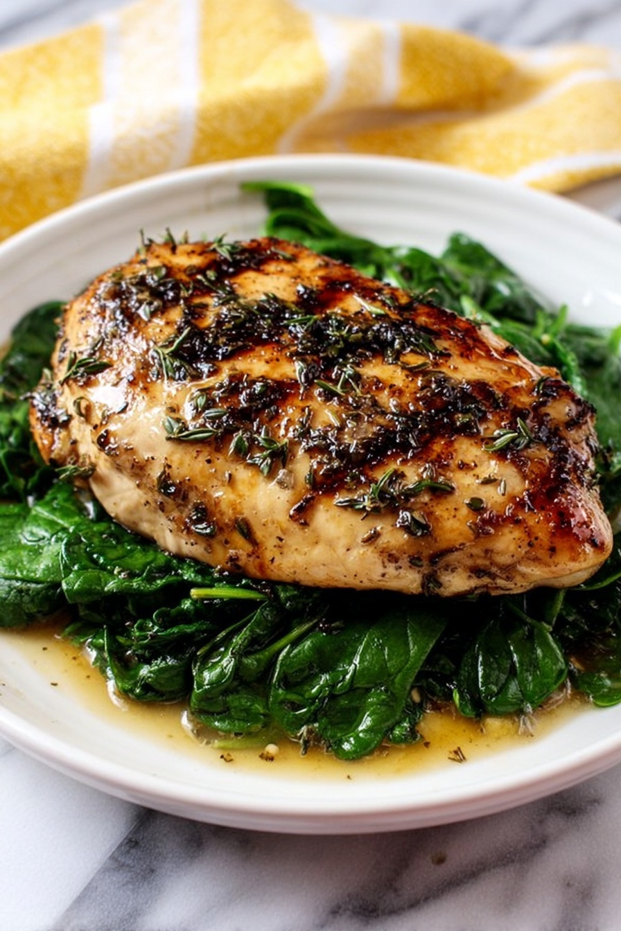 A white plate on a white marbled surface holds a single cooked piece of chicken placed on a bed of dark green cooked spinach. The chicken is golden brown with a shiny glaze and small pieces of herbs on top. The spinach looks soft and fresh, covering the whole plate area under the chicken. A yellow cloth is partly visible at the top background. photo taken with an iphone --ar 4:5 --v 7