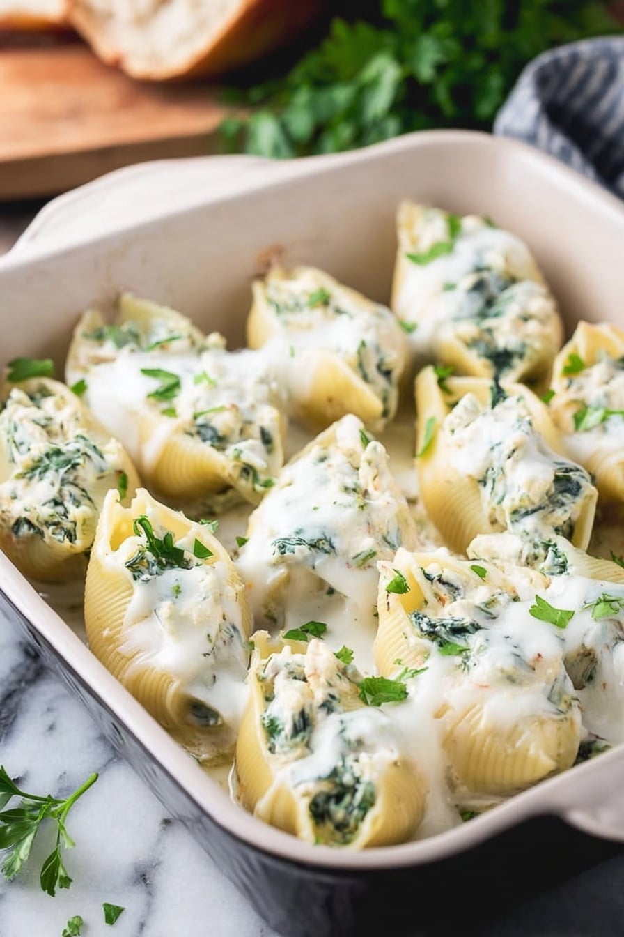 A white rectangular baking dish is filled with large pasta shells stuffed with a green and white filling, topped with a smooth white cheese sauce and sprinkled with chopped green herbs. The pasta shells are arranged neatly in rows, each showing the filling slightly peeking out. The dish rests on a white marbled surface with green leaves and pieces of bread in the background. The overall look is creamy, fresh, and inviting. photo taken with an iphone --ar 4:5 --v 7
