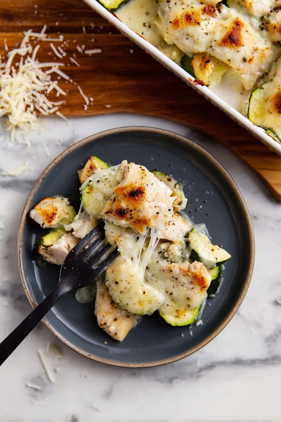 Cheesy Chicken Zucchini Casserole Recipe 6 A black rectangular baking dish with two handles holds a baked casserole made of chunky pieces of light green zucchini and pale cooked chicken chunks. The top layer is covered with melted, slightly browned golden cheese that looks gooey in parts and bubbly in others, spread thickly and unevenly over the vegetables and chicken. The edges show some crispy, browned cheese bits spilling slightly over the container sides. The dish is placed on a white marbled surface. Photo taken with an iphone --ar 4:5 --v 7