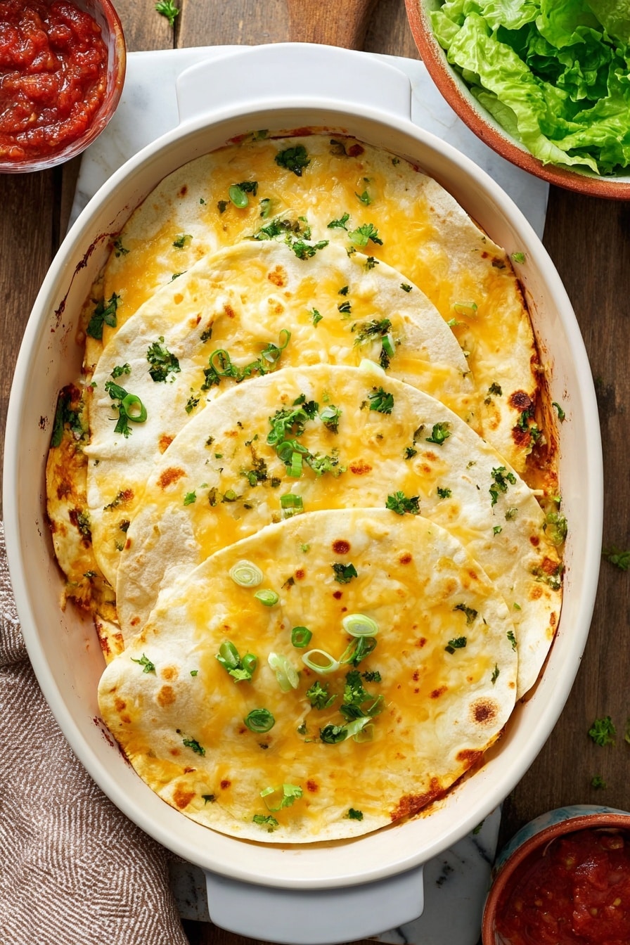 Easy Chicken Quesadilla Casserole Recipe 5 The image shows a white rectangular baking dish with a red rim filled with two layers of tortillas. The top layer is a tortilla covered with melted yellow and white cheese, sprinkled with small green pieces of chopped chives and thyme leaves. The edges of the tortillas are slightly browned and crispy. Underneath the top tortilla, a second tortilla can be seen, hinting at a layered dish below. Around the dish, there are small bowls with green lettuce leaves and red salsa, with a wooden surface and scattered herbs in the background. photo taken with an iphone --ar 4:5 --v 7