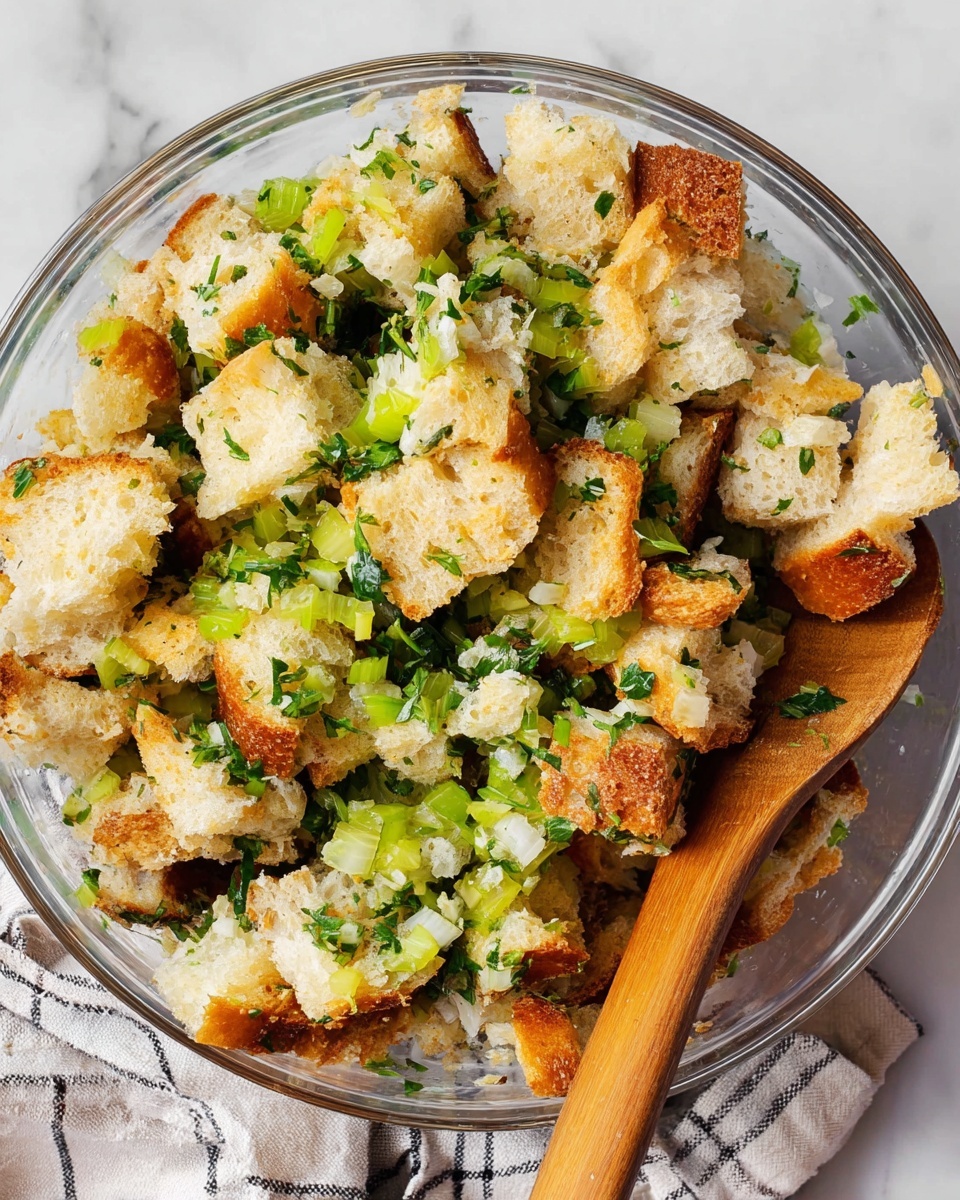 A clear glass bowl contains a mix of torn pieces of light golden-brown toasted bread, scattered with chopped bright green herbs and light green diced vegetables. The bread pieces have a rough, crunchy texture, while the herbs on top are finely chopped and leafy, creating a fresh green layer centered over the bread. Two pale skin woman's hands are seen mixing the ingredients gently inside the bowl, which sits on a light beige cloth with black stripes, all placed on a white marbled surface. photo taken with an iphone --ar 4:5 --v 7