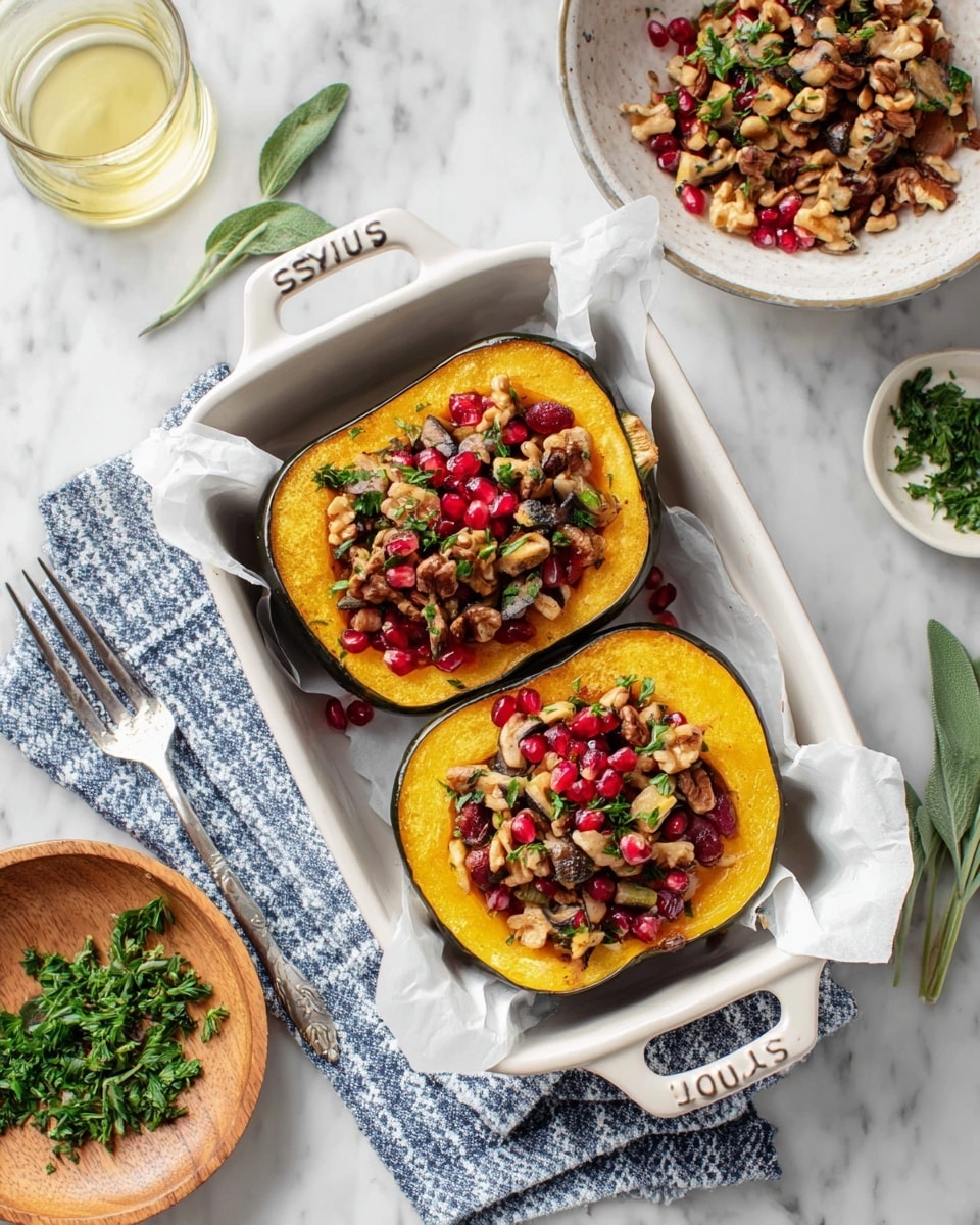 Two halved squash pieces filled with a mix of small mushroom slices, chopped nuts, dried cranberries, and fresh green parsley are placed side by side on crumpled white parchment inside a white Staub baking dish. The squash has a thick, bright orange-yellow flesh with a dark green outer skin. Red pomegranate seeds and green herbs decorate the filling, adding color contrast. Nearby, a bowl with more of the mushroom and nut mixture, fresh sage leaves, a small glass with light oil, and a wooden dish with chopped herbs surround the dish on a white marbled surface. A blue and white checkered cloth, silver fork, and empty white plate complete the scene. Photo taken with an iphone --ar 4:5 --v 7