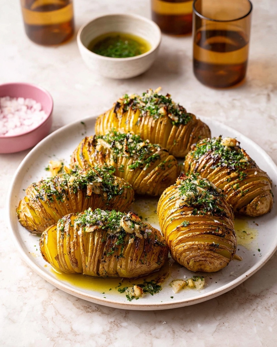 The image shows six golden-brown Hasselback potatoes arranged on a large white plate. Each potato has thin, even slices along its length, creating many layers with a slightly crisp texture on the outside and soft inside. Between the slices, there are dark green herb leaves visible, and the tops are sprinkled with finely chopped fresh green herbs and garlic pieces, adding a vibrant color contrast. The potatoes rest on a shimmering layer of olive oil, enhancing their shine and flavor. In the background, there are two transparent brown glasses, a small white bowl with green herb-infused oil, and a small pink bowl of coarse salt, all placed on a white marbled surface. photo taken with an iphone --ar 4:5 --v 7