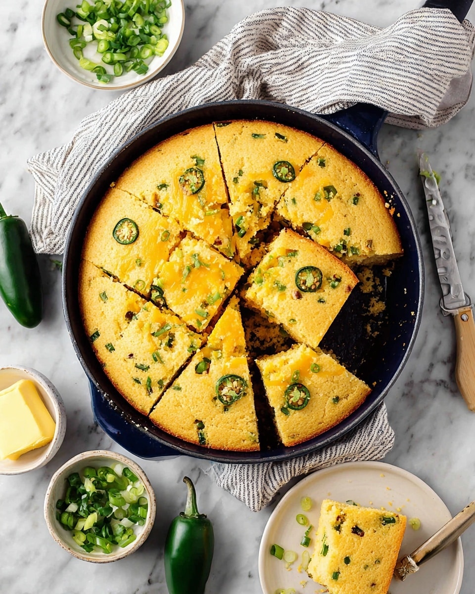 A round cornbread with a yellow color is baked in a dark pan, cut into nine square pieces with green chili pieces scattered inside and on top. One piece is lifted above the pan, showing a soft, fluffy texture with green chili bits inside. Around the pan, there are two whole green chilies on the white marbled surface, a small white plate with chopped green chilies, and a beige bowl with a creamy yellow spread and a butter knife beside it. A white cloth with black stripes is partially under the pan, and a plate with a single square piece of cornbread sits nearby. Photo taken with an iphone --ar 4:5 --v 7