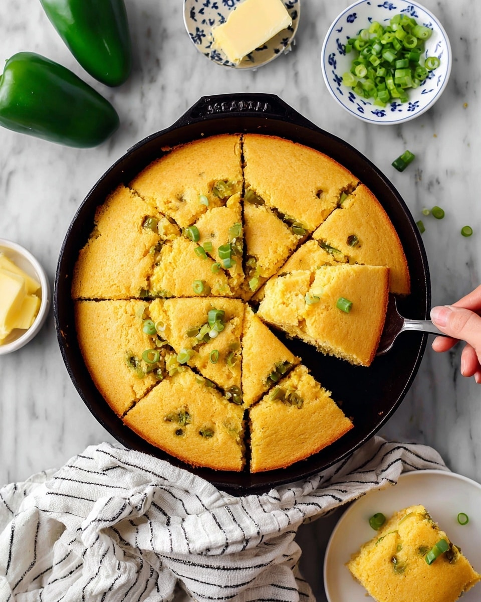 A round golden-yellow cornbread with visible green pepper pieces baked inside is shown in a black cast iron skillet on a white marbled surface. The cornbread is cut into nine square pieces, with one piece lifted and held by a woman's hand, showing its soft texture. Around the skillet, there are two whole green peppers to the left, a small white plate with blue dots filled with chopped green onions at the top, and a small bowl of light yellow butter with a knife nearby. A white cloth with black stripes is draped under the skillet, and a white plate with a square piece of cornbread is partly visible at the bottom right corner. Photo taken with an iphone --ar 4:5 --v 7