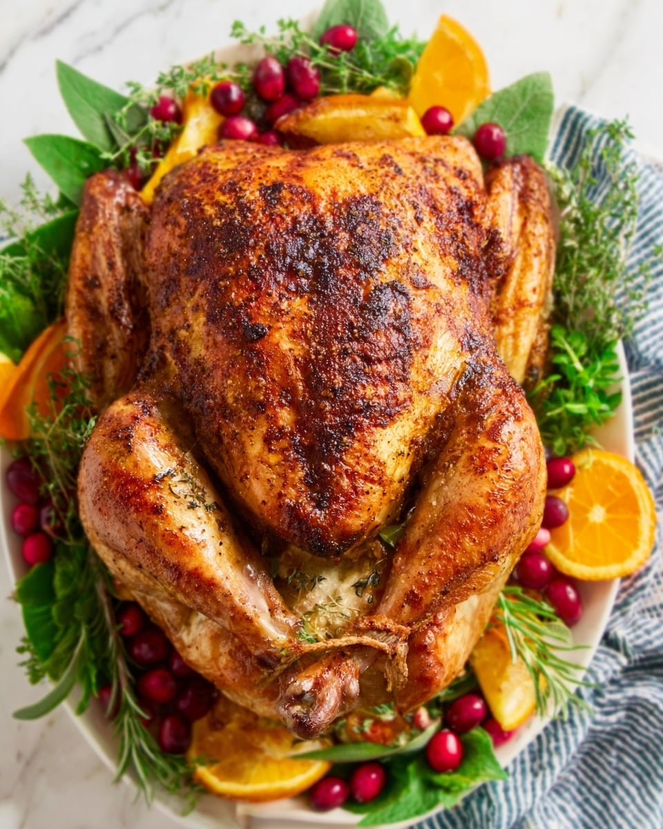 A whole roasted chicken with crispy, golden brown skin sits in the center of a white plate. Inside the cavity, there are layers of fresh herbs including green rosemary and thyme, along with pale shallots and garlic pieces. Around the chicken, the plate is decorated in a colorful, natural arrangement: bright red cranberries, green grapes, small green apples, and orange and lemon wedges. The plate itself rests on a white marbled surface, giving a clean and fresh background feel. photo taken with an iphone --ar 4:5 --v 7