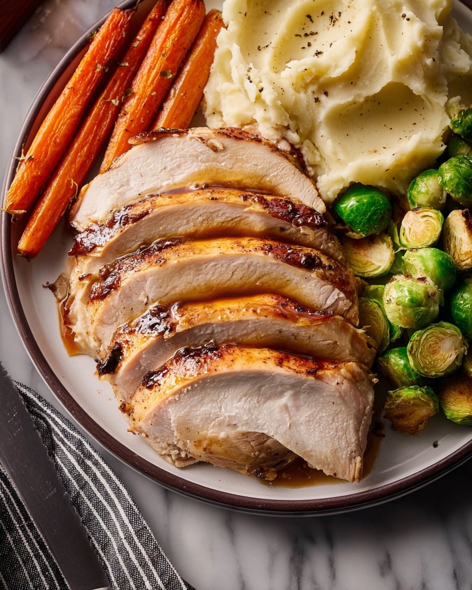 A white plate on a white marbled surface holds five thick slices of roasted turkey arranged in a neat, overlapping row in the center. The turkey slices have a light brown, slightly crispy skin with a shiny glaze and look tender inside with a pale pinkish-white color. To the left of the turkey, two long, orange roasted carrots lie parallel, showing some grill marks. On the upper side of the plate, there is a serving of creamy mashed potatoes with a smooth but slightly textured surface, dotted with black pepper. To the right of the turkey, a pile of bright green roasted Brussels sprouts, some halved showing their soft interiors, adds color contrast. The scene is warm and inviting with a silver knife placed on a striped cloth napkin at the lower left edge of the image. photo taken with an iphone --ar 4:5 --v 7