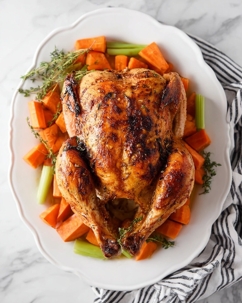 A whole roasted chicken with a crispy, golden-brown skin sits on a white scalloped plate. The chicken is placed in the center with its wings folded close to the body and legs crossed at the front. Underneath and around the chicken, there are chunks of bright orange carrots and green celery sticks, adding color and texture. Small sprigs of fresh green herbs like rosemary and thyme are scattered lightly around the vegetables. The plate is set on a white marbled surface, and a striped black and white cloth is placed partially in the top left corner. Photo taken with an iphone --ar 4:5 --v 7