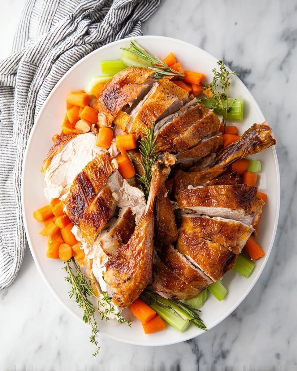 A white plate holds a large serving of roasted turkey pieces arranged in layers, with two browned turkey legs positioned in the center and bottom right, while sliced turkey breast pieces with crispy brown skin flank the legs on both sides. Around the turkey, there are bright orange carrot chunks and light green celery sticks scattered evenly, along with some fresh rosemary and thyme sprigs adding a touch of green. The plate sits on a white marbled surface with a neatly folded striped grey and white cloth napkin at the top left corner. The lighting highlights the golden, textured skin of the turkey and the vibrant vegetables, creating a fresh and inviting look photo taken with an iphone --ar 4:5 --v 7