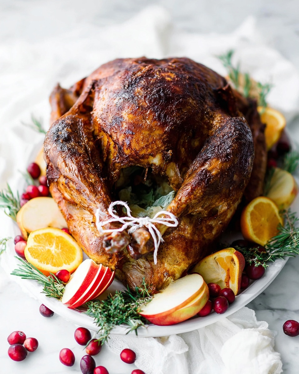 A whole roasted turkey with a rich brown crispy skin sits on a white plate, surrounded by green rosemary sprigs, orange slices, apple slices, and some red cranberries scattered around. The turkey has two tied drumsticks at the top right, and the plate's edge has a wavy design. The dish is placed on a white marbled surface with a small white swan-shaped decoration nearby. The colors contrast nicely with the warm brown of the turkey and the fresh greens and bright fruits around it photo taken with an iphone --ar 4:5 --v 7