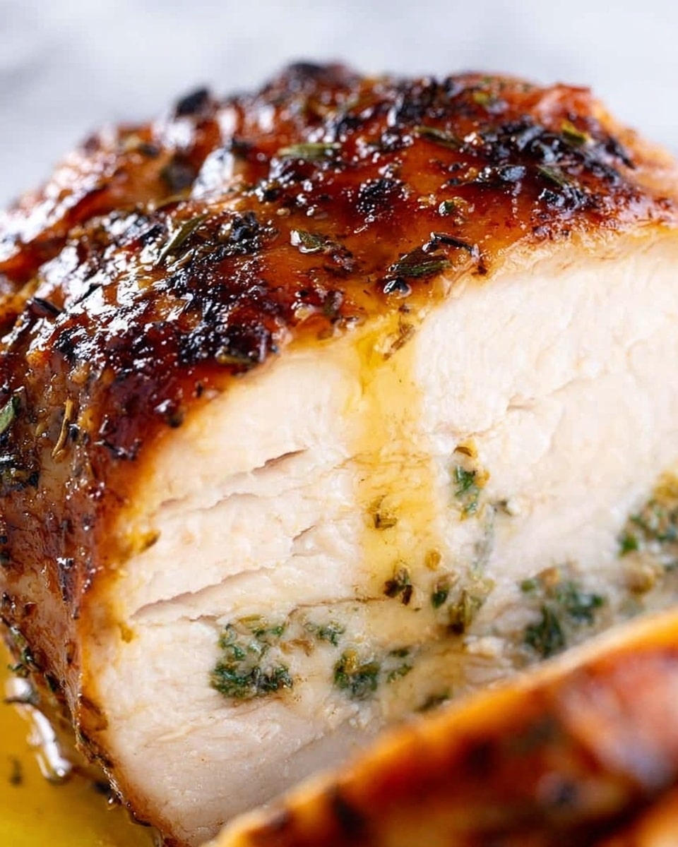 The image shows a close-up of a thick slice of cooked chicken with golden brown, slightly shiny skin on top, speckled with dark herbs and spices. The inside of the chicken is white and juicy, with visible layers of tender meat and small green herb bits spread near the edges. There is a light drizzle of oil or sauce running down the side, adding a glossy texture to the surface. The background is a white marbled texture. photo taken with an iphone --ar 4:5 --v 7