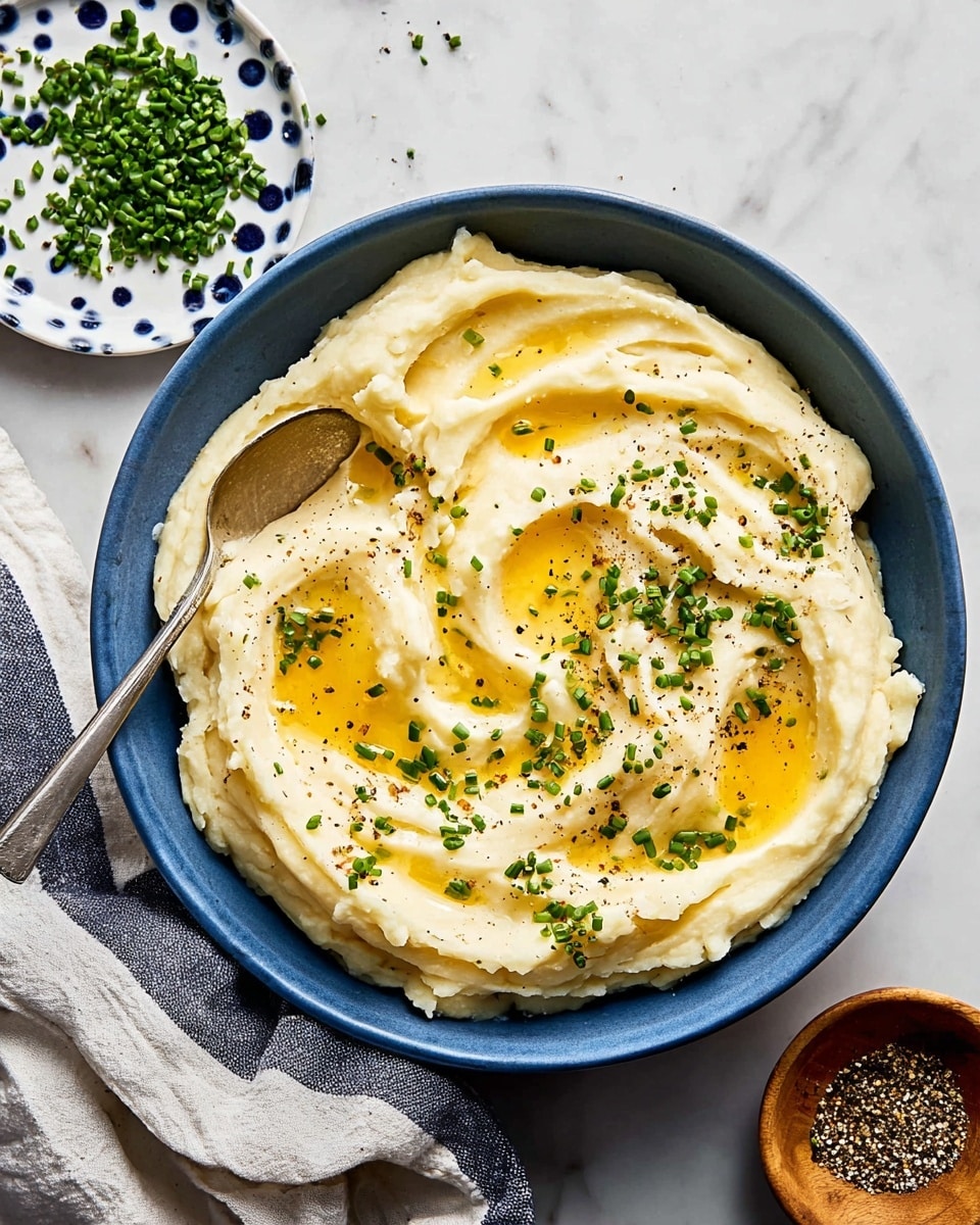 A deep bowl filled with creamy mashed potatoes that have a smooth, thick texture. On top, there are three pats of melting butter, a golden yellow color, slowly blending into the potatoes. Small chopped green chives are scattered evenly over the surface, adding small bright green spots. Freshly cracked black pepper is sprinkled lightly over the dish, with tiny black flecks contrasting against the creamy white mash. A silver spoon rests inside the bowl, partially digging into the potatoes. The bowl is white and sits on a white marbled surface, with a small ceramic dish of additional chopped chives visible softly blurred in the background. Photo taken with an iphone --ar 4:5 --v 7