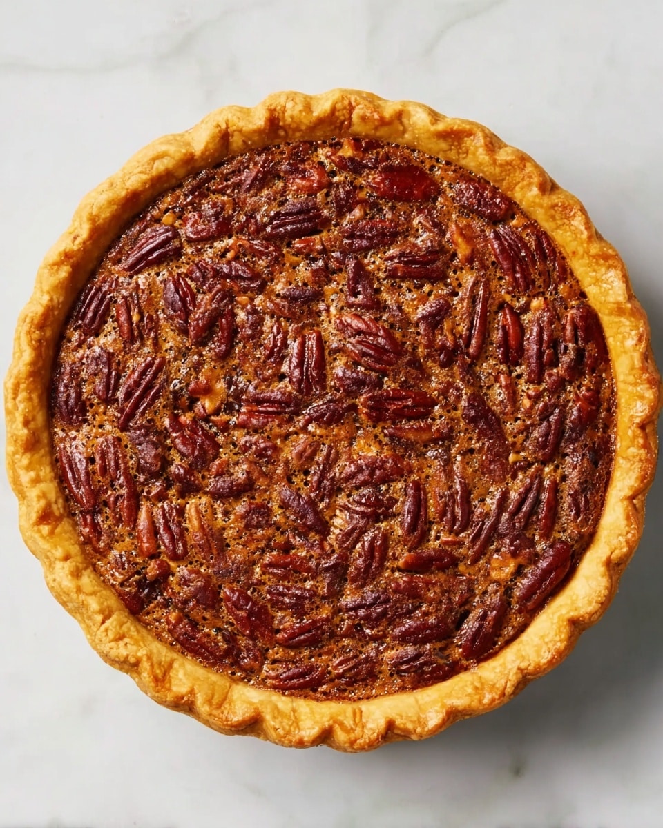 A whole pecan pie is shown from above, with one thick golden-brown crust layer forming the base and sides with a crimped edge. Inside, there is a single rich filling layer filled with many shiny, dark brown whole pecan halves densely packed across the surface, creating a bumpy texture. The filling has a slightly cracked top and a glossy look with lighter brown areas between the pecans. The pie is placed on a white marbled surface. photo taken with an iphone --ar 4:5 --v 7