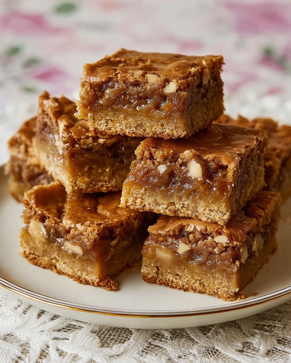 A stack of six gooey blondie squares is arranged on a white plate with a thin gold rim, set on a white marbled texture with a lace tablecloth. Each blondie shows two layers: a dense, golden-brown base with bits of nuts inside, and a shiny, caramel-colored middle layer with a sticky texture, topped by a firm, slightly cracked golden-brown crust. The blondies have rough edges and appear soft inside with visible nut pieces. Photo taken with an iphone --ar 4:5 --v 7