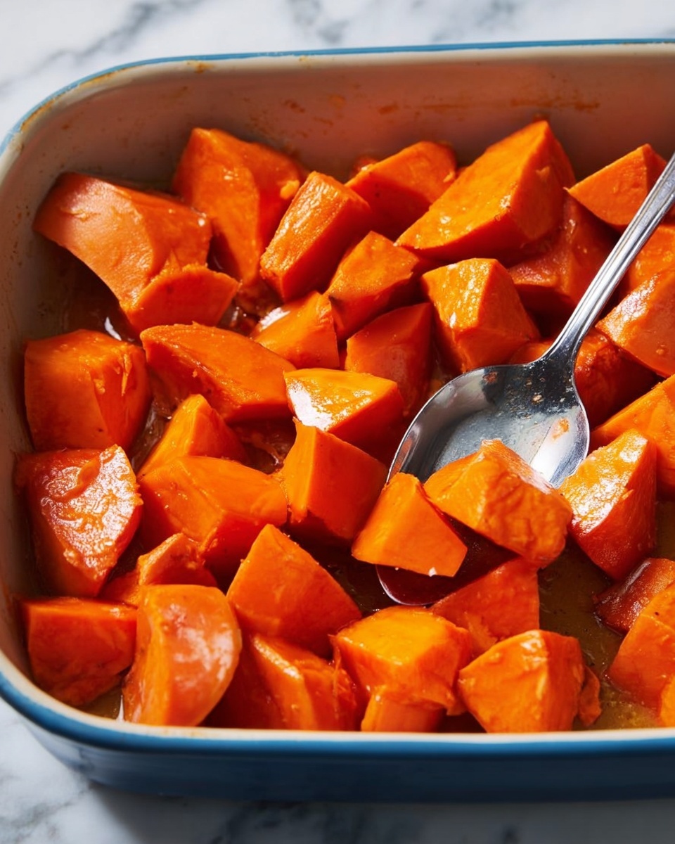 The image shows a white marbled surface with a gray baking dish filled with several large chunks of cooked sweet potatoes. The sweet potatoes are bright orange with a soft, slightly shiny texture, glistening with a light sauce or syrup. A silver spoon rests inside the baking dish, partly submerged in the sauce, positioned towards the bottom center. The sweet potato chunks are piled unevenly, covering most of the dish, with some pieces stacked and others laying flat. The scene is simple and clean, emphasizing the warm colors of the sweet potatoes against the gray dish and white marbled surface. Photo taken with an iphone --ar 4:5 --v 7