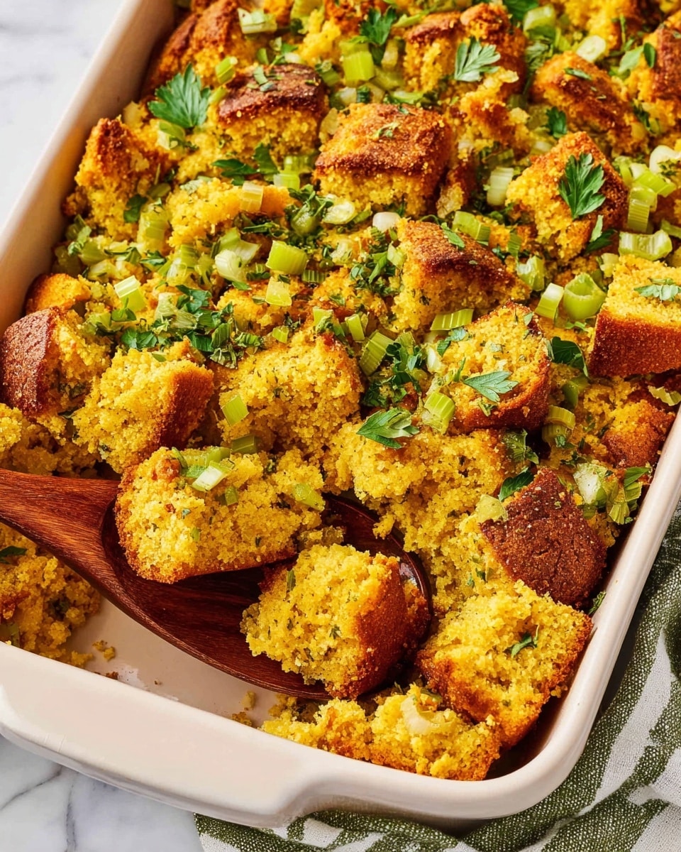 The dish is a baked cornbread stuffing in a rectangular white ceramic pan, showing chunky golden-brown cornbread pieces with a crispy texture and a sprinkle of chopped green celery and fresh parsley leaves on top. The stuffing is mixed with finely diced onions visible between the cornbread pieces, creating a layered, crumbly look. A wooden spoon scoops some stuffing in the bottom left corner, resting on a white marbled surface beneath the pan with a green-striped cloth partially visible. Photo taken with an iphone --ar 4:5 --v 7