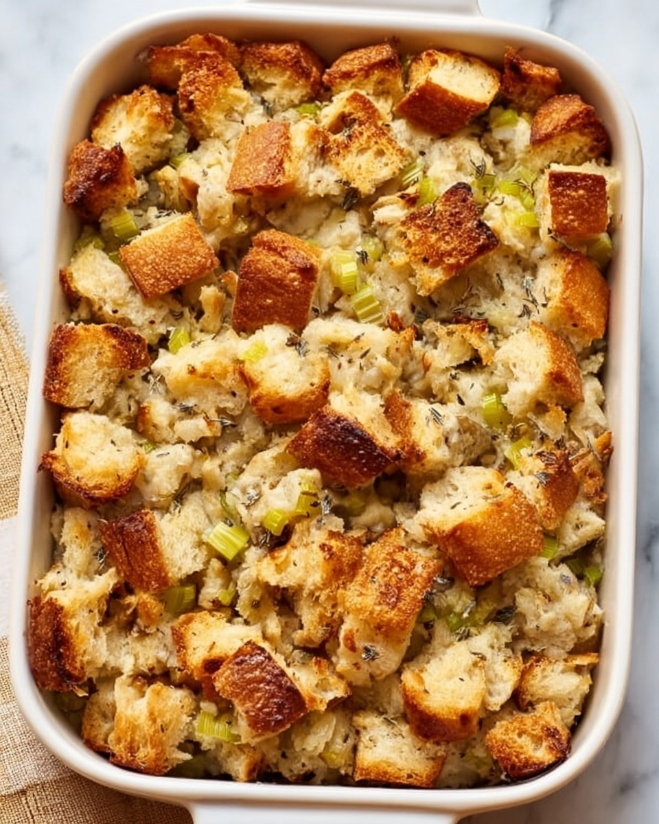 The image shows a white rectangular baking dish filled with a baked casserole. The top layer consists of golden brown, toasted bread pieces with some parts darker for a crispy texture. Beneath the bread, there are visible soft, light-colored bread cubes mixed with small, pale green vegetable pieces, likely celery, creating a layered effect. The overall appearance is warm and rustic, with the toasted bread pieces unevenly scattered to form the top crust. The dish is placed on a white marbled surface with part of a beige woven cloth visible at the side. photo taken with an iphone --ar 4:5 --v 7
