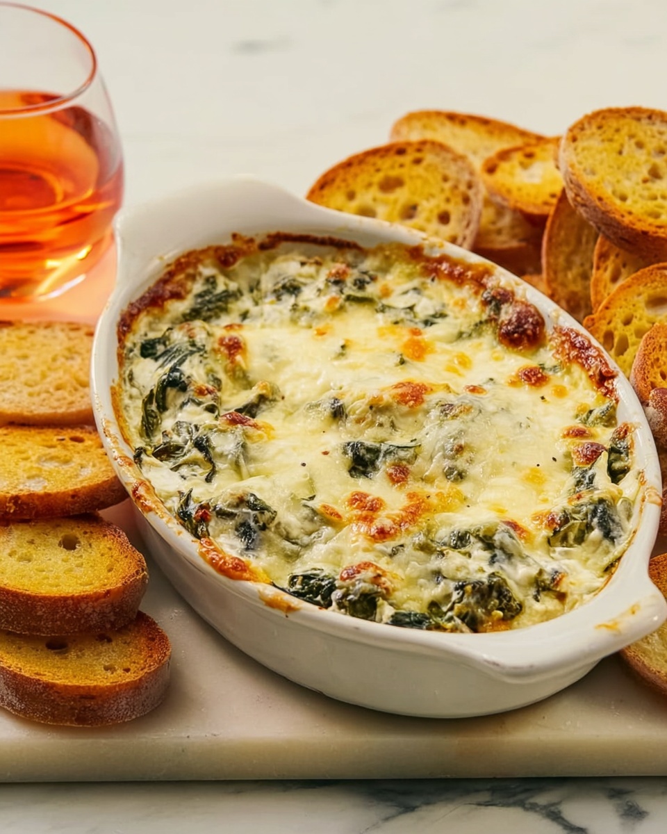 A green oval baking dish filled with spinach dip, showing three layers: a creamy light base mixed with dark green spinach, topped with melted light yellow cheese that is slightly browned in spots. The dish sits on a white marbled surface next to a pile of golden toasted bread slices arranged in a loose stack on the right. A glass with a red-orange drink is visible in the background on the left. photo taken with an iphone --ar 4:5 --v 7