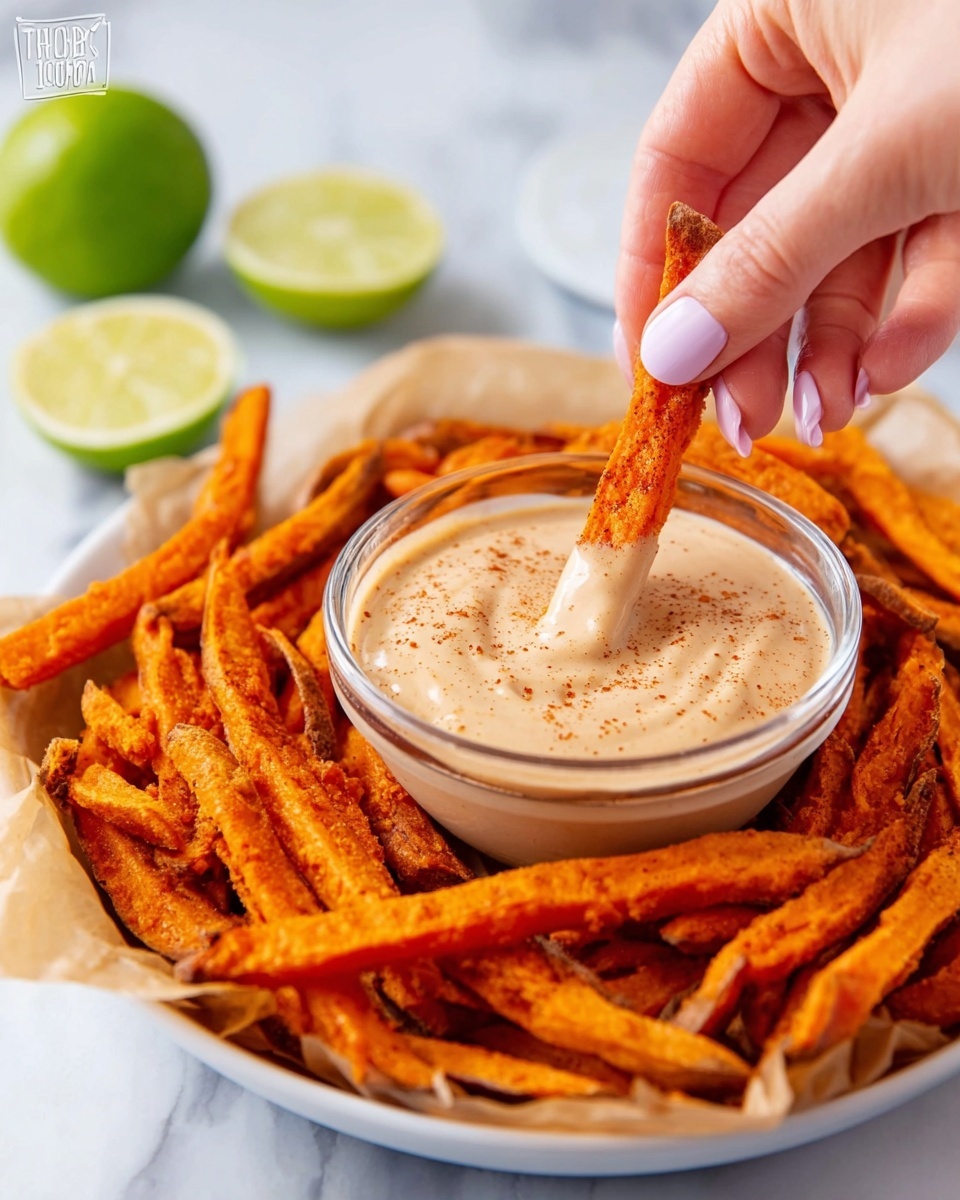 A clear glass bowl in the center holds a smooth, light brown creamy dip with a few darker specks, looking thick and inviting. Surrounding the bowl are many bright orange sweet potato fries, slightly crispy and uneven in shape, lightly salted and stacked around the bowl on white parchment paper inside a white round dish. A woman's hand with white nail polish is dipping one sweet potato fry into the sauce. In the background, a lime wedge with green color is visible, and the whole setup is on a white marbled surface. photo taken with an iphone --ar 4:5 --v 7